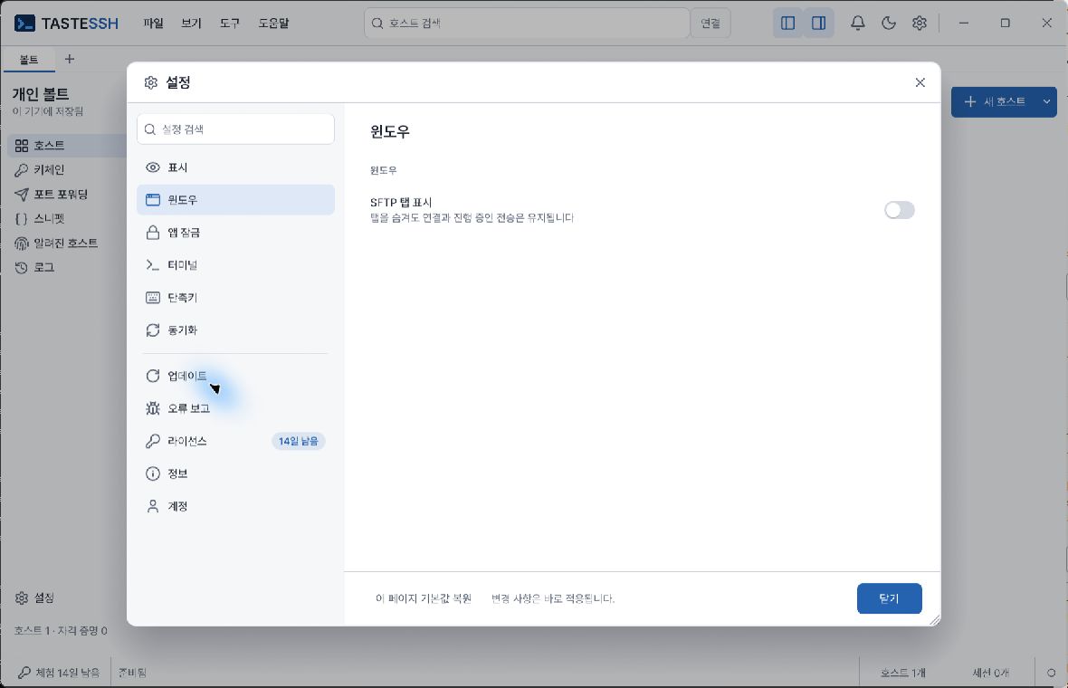 윈도우 설정의 기본 SFTP 탭 숨김